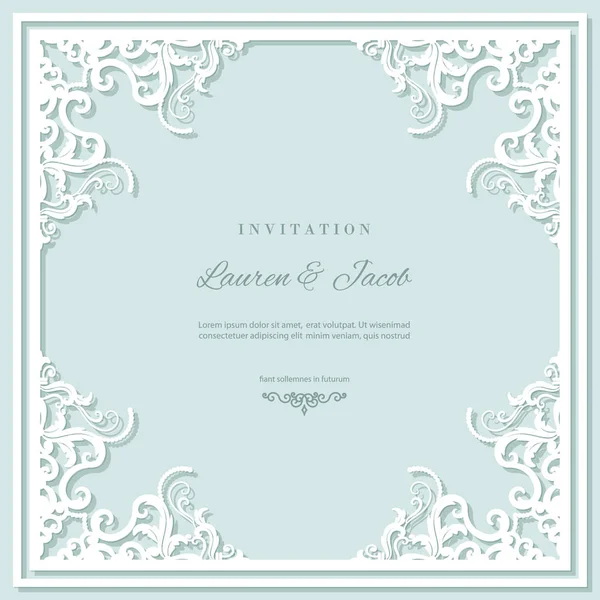 Modèle de carte d'invitation de mariage avec cadre de découpe laser. Conception d'enveloppe de découpe en filigrane carré. Couleurs bleu pastel et blanc . — Image vectorielle