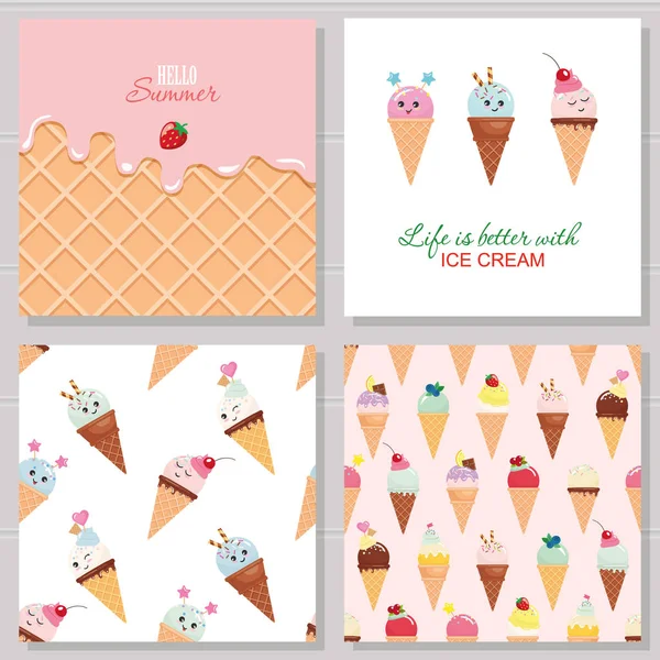 Helado tarjetas lindas y conjunto de patrones sin costuras. Personajes de dibujos animados Kawaii. Superficie de oblea con crema de fresa derretida. Hola diseño de verano . — Archivo Imágenes Vectoriales