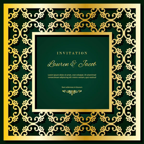 Modèle de carte d'invitation de mariage avec cadre de découpe laser. Conception d'enveloppe de découpe en filigrane carré. Or décor de luxe . — Image vectorielle