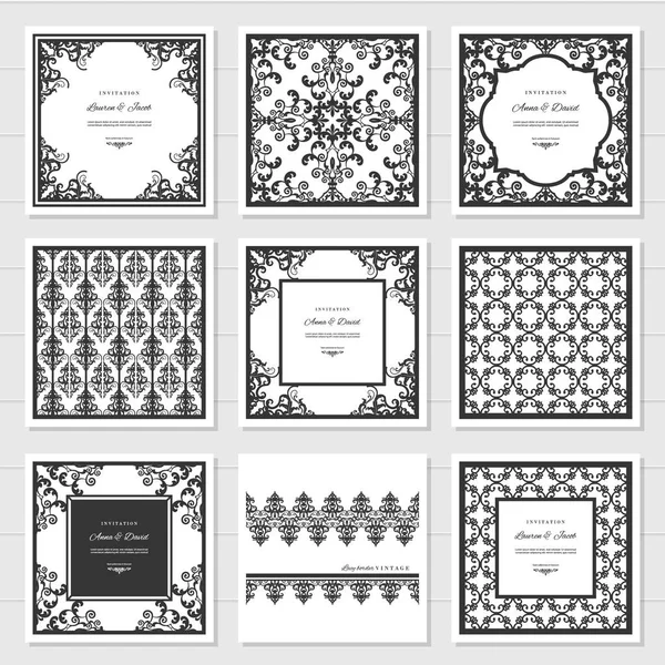 Quadros filigrana e painéis decorativos conjunto. Projeto de corte a laser. Um convite de casamento. Damasco. Vindima . — Vetor de Stock