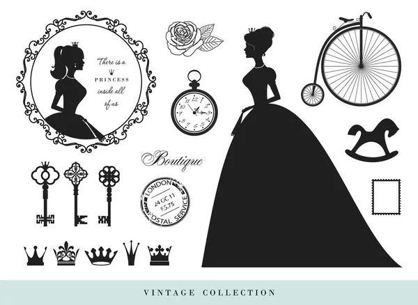 Vintage silhouettes set. Princesses, old keys, crowns, stamps. — Stock Vector
