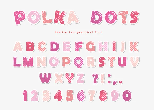 Cute polka dots fuente en pastel pink. Recorte de papel ABC letras y números. Alfabeto divertido para niñas . — Vector de stock