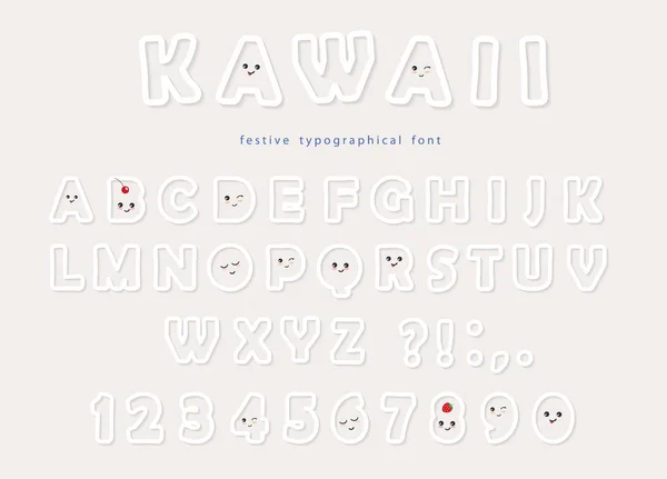 Kertas memotong kawaii font dengan wajah tersenyum lucu. Untuk kartu ucapan ulang tahun, undangan pesta, desain anak-anak . - Stok Vektor