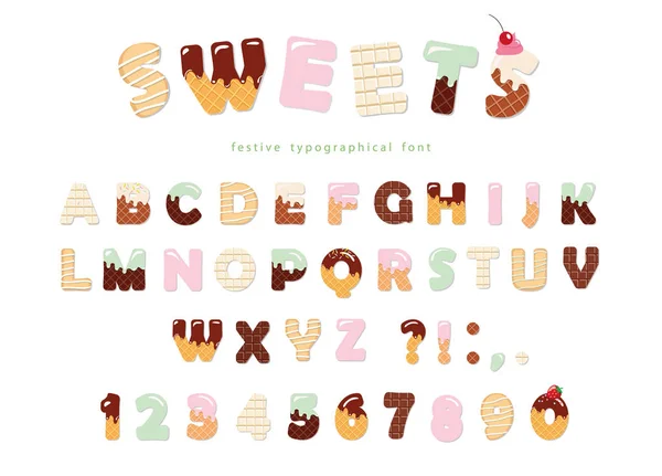 Carattere Sweets bakery design. Buffo alfabeto latino lettere e numeri fatti di gelato, cioccolato, biscotti, caramelle. Per anniversario di compleanno dei bambini o decorazione dell'acquazzone del bambino . — Vettoriale Stock