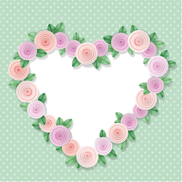 Herzrahmen mit Rosen auf Tupfen verziert. mit Kopierraum für Text oder Foto. Shabby Chic Design. — Stockvektor