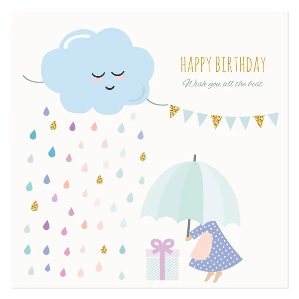 Linda tarjeta de cumpleaños con niña y gotas de lluvia de colores. Dibujos animados de acuarela con elementos de brillo . — Vector de stock