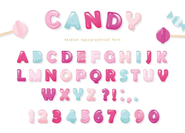 Candy glanzende lettertype ontwerp. Pastel roze en blauwe Abc letters en cijfers. Snoepjes voor meisjes. — Stockvector