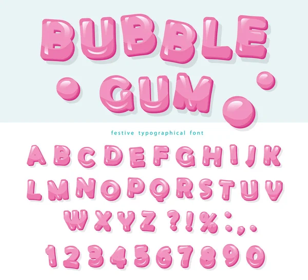 Bubble gum lettertype ontwerp. Sweet Abc letters en cijfers. — Stockvector