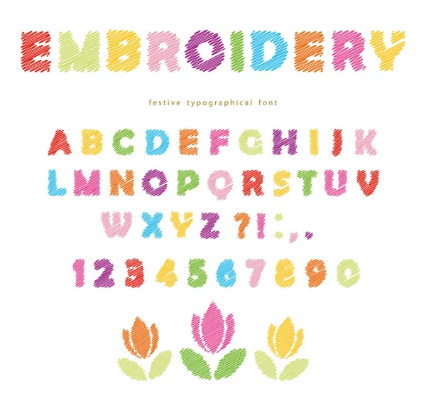 Embroidery colorful font design. Isolated on white. — Stock Vector