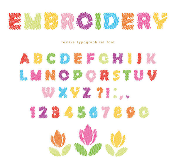 Embroidery colorful font design. Isolated on white.