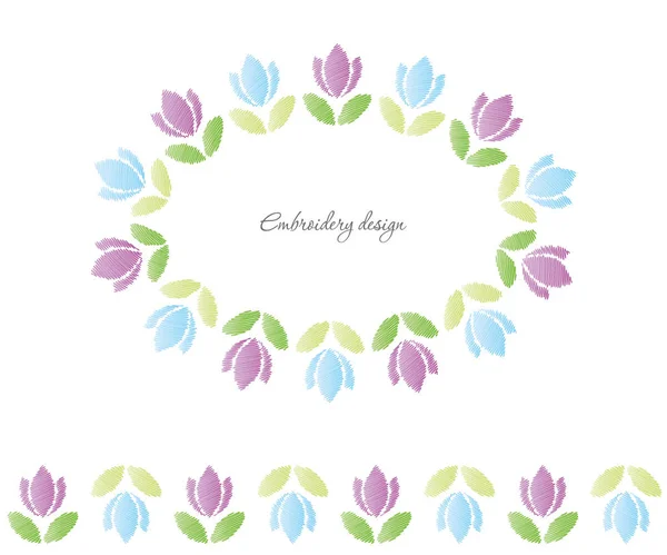 Marco oval floral. Tulipanes bordados aislados en blanco . — Vector de stock