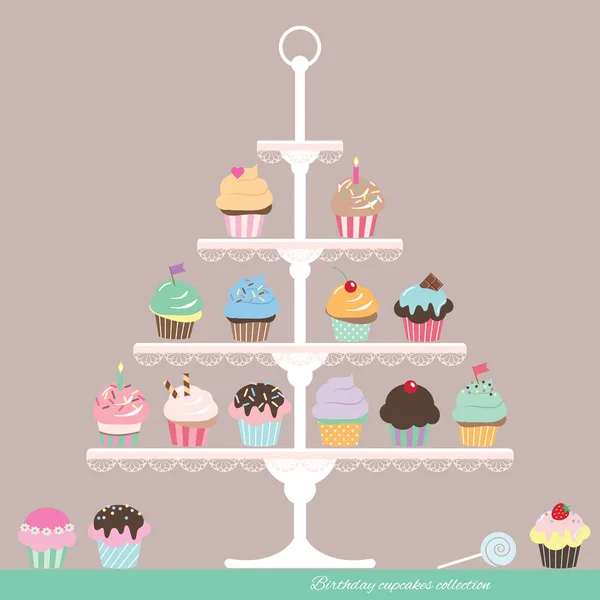 Cupcakes em stand. Desenho de aniversário . —  Vetores de Stock