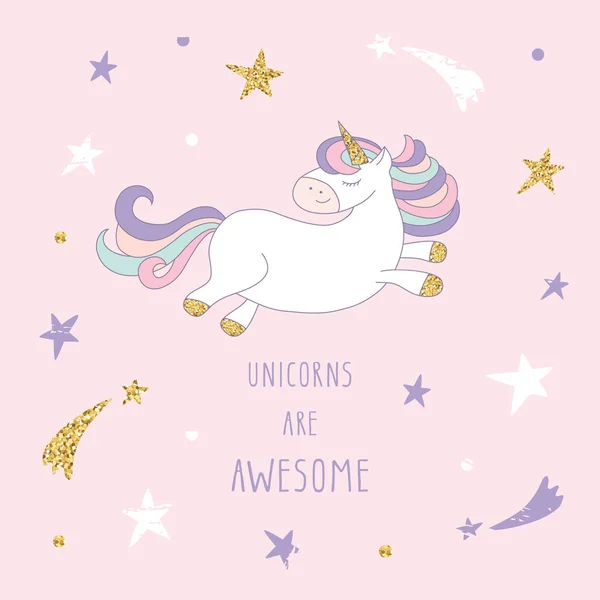 Unicornio de dibujos animados en el cielo estrellado con purpurina . — Vector de stock