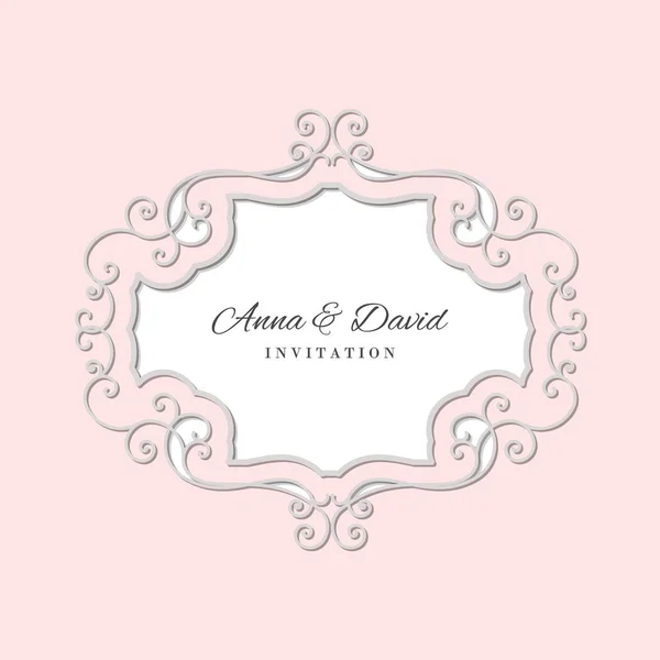 Modèle de carte d'invitation de mariage avec cadre en filigrane de découpe laser. Couleurs rose pastel et blanc . — Image vectorielle