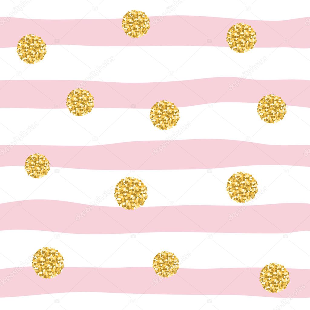 Seamless pattern with glitter confetti polka dot on striped background. Golden and pastel pink trendy colors. For birthday, fashion and wedding design. Vector EPS10.