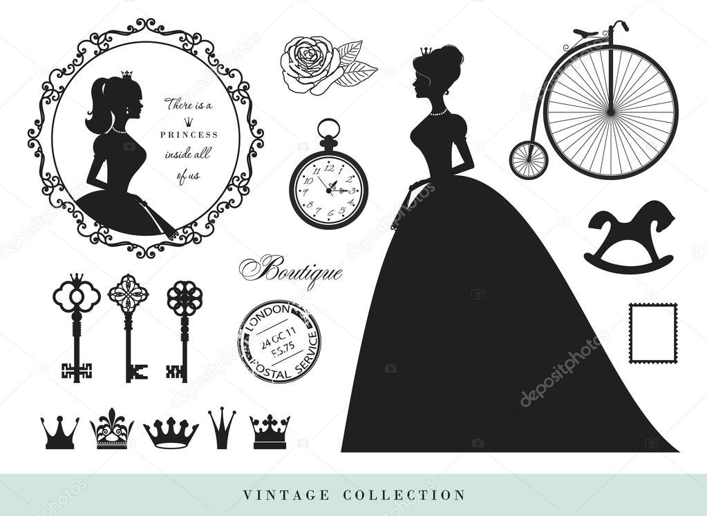Vintage silhouettes set. Princesses, old keys, crowns, stamps.