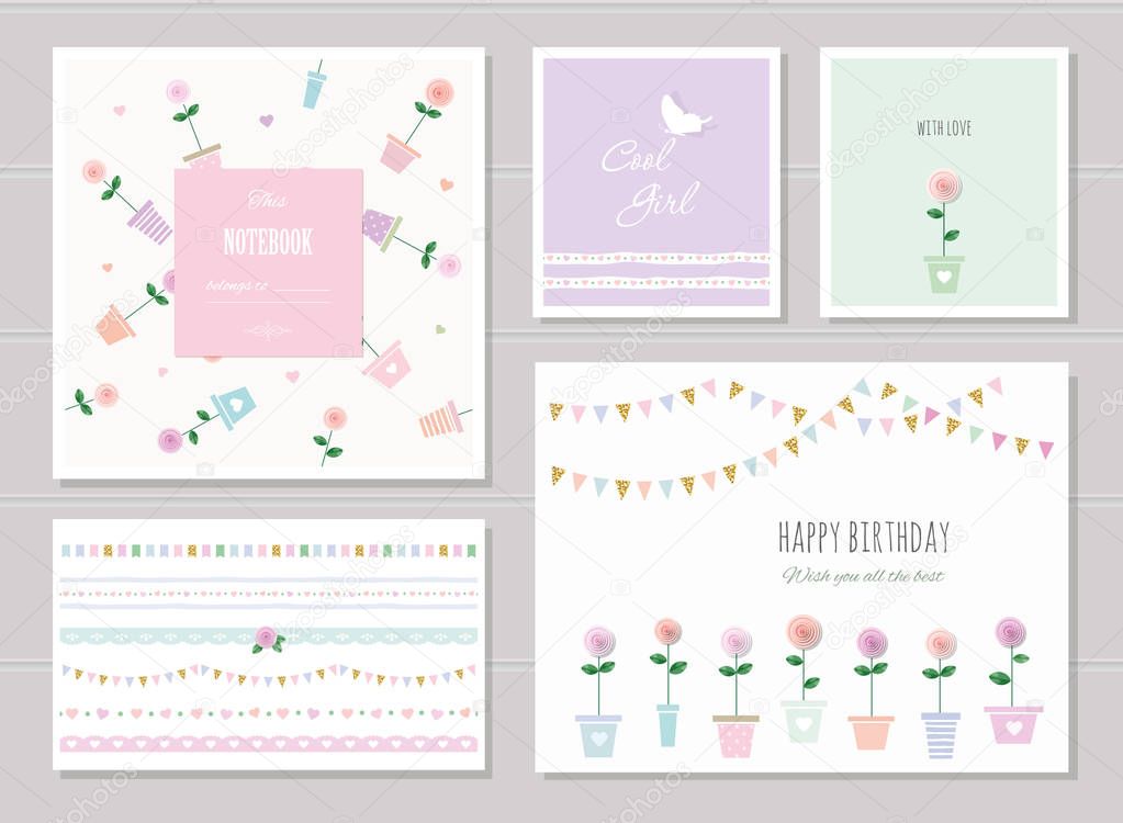 Cute cards for girls. Can be used for baby shower, birthday, babies clothes, notebook cover design. Ribbons, garlands, patterns with gold glitter elements.