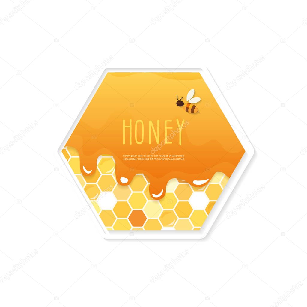 Package design. Hexagon shape label. Pattern with melted honey on the honeycomb is full under clipping mask. Isolated on white.