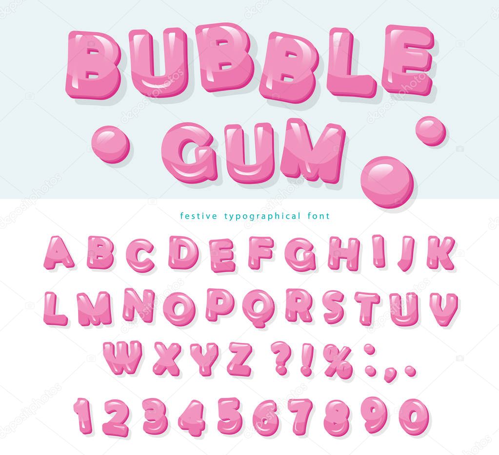 Bubble gum font design. Sweet ABC letters and numbers. Vector