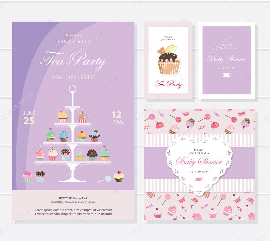 Cute templates with cupcakes stand and sweets.