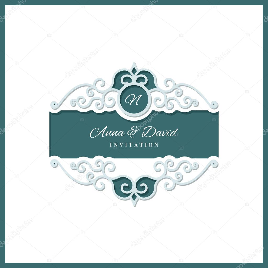 Wedding invitation card template with laser cutting filigree frame. Emerald and white contrast colors.