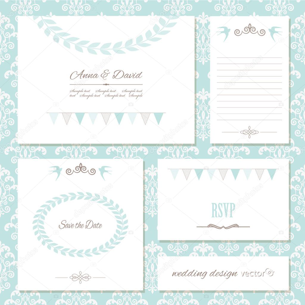 Invitation cards and templates set on damask.