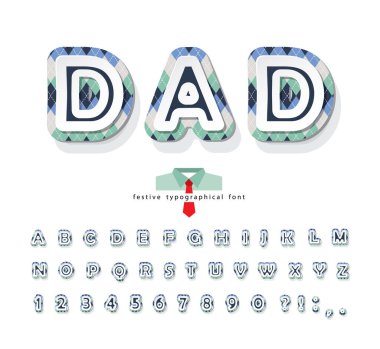 Argyle dekoratif yazı tipi. Karikatür kağıdı Abc harflerini ve numaralarını kesiyor. Babalar günü alfabesi. Greting kartları, posterler, afişler, afişler için. Vektör