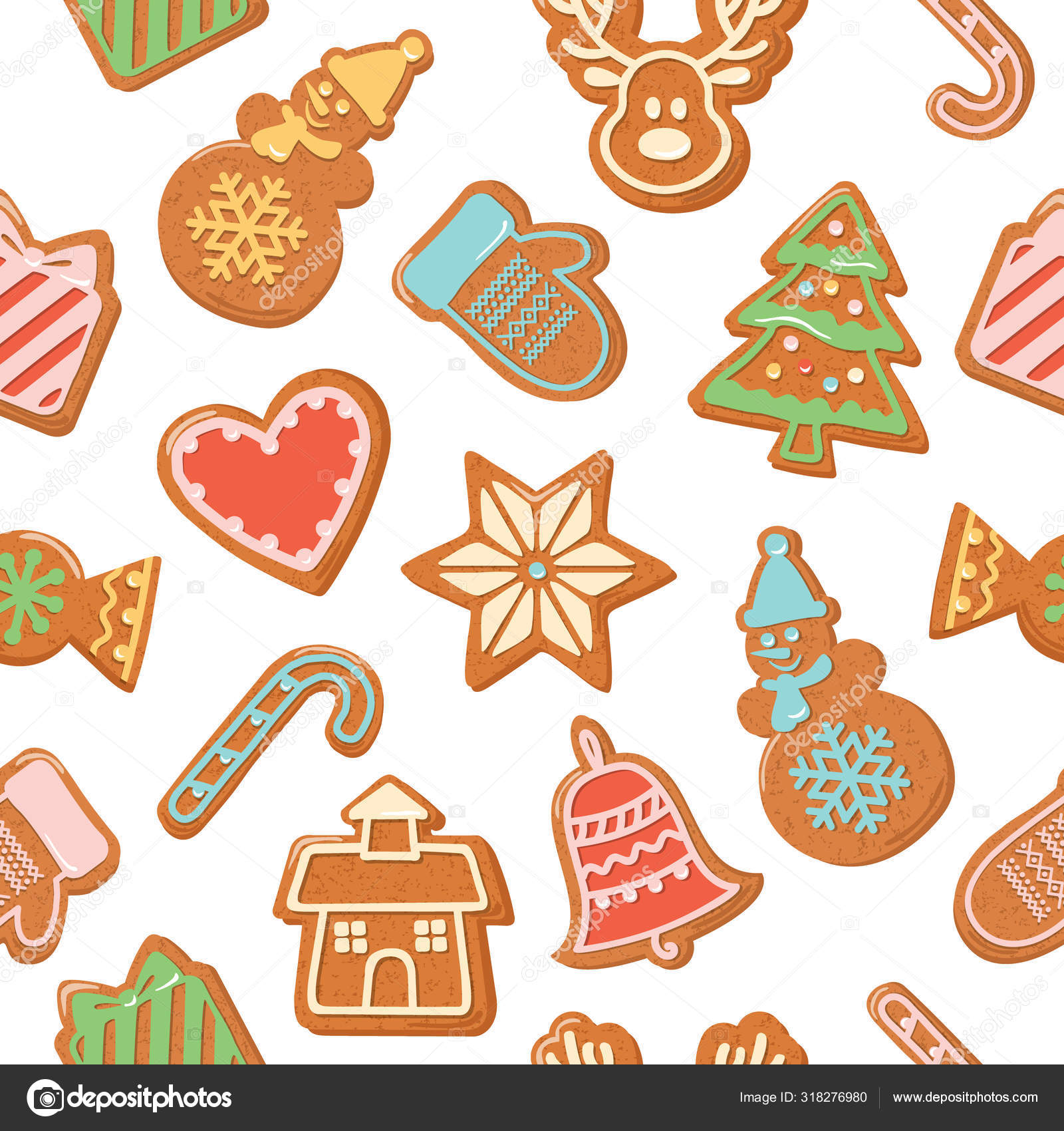 Christmas seamless background. Colorful Gingerbread cookies. Bright  traditional pattern for wrapping paper, banners, pajamas. Cute design  elements isolated on white. Vector Stock Vector by ©cutelittlethings  318276980