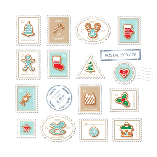 Timbres postaux de Noël isolés sur blanc. Illustration vectorielle — Image vectorielle