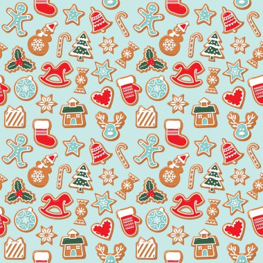 Kusursuz bir Noel geçmişi. Renkli zencefilli kurabiye. Geleneksel ambalaj kağıdı, pankart, pijama deseni. Şirin tasarım elementleri. Raster.