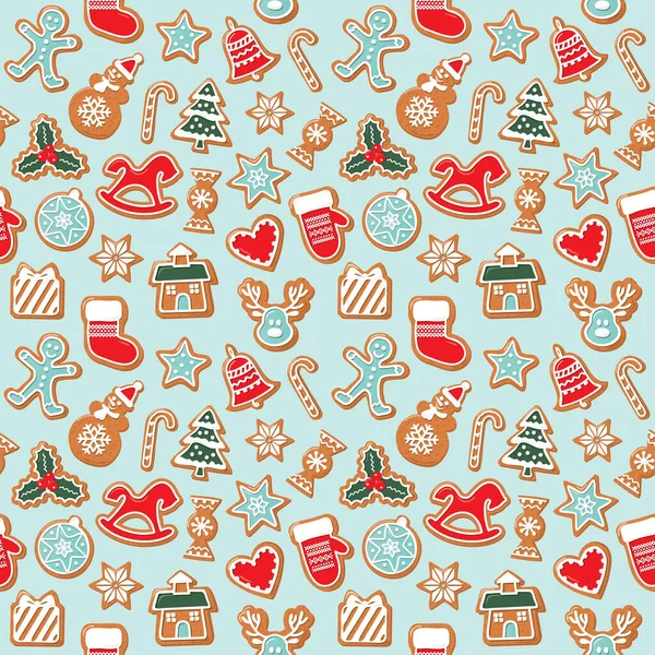 Fondo sin costuras de Navidad. Galletas de jengibre de colores. Patrón tradicional para envolver papel, banderas, pijamas. Lindos elementos de diseño. Raster. — Foto de Stock