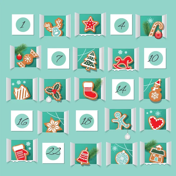 Calendario de Adviento, galletas de pan de jengibre decoradas. Cuenta atrás para Navidad. Vector — Vector de stock