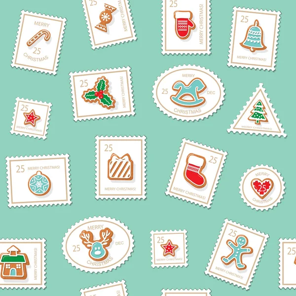 Weihnachten Briefmarken nahtlosen Hintergrund. Bunte Lebkuchen. traditionelles Muster für Geschenkpapier, Winterurlaubsdekor. Vektor — Stockvektor