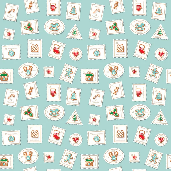 Weihnachten Briefmarken nahtlosen Hintergrund. Bunte Lebkuchen. traditionelles Muster für Geschenkpapier, Winterurlaubsdekor. Raster — Stockfoto