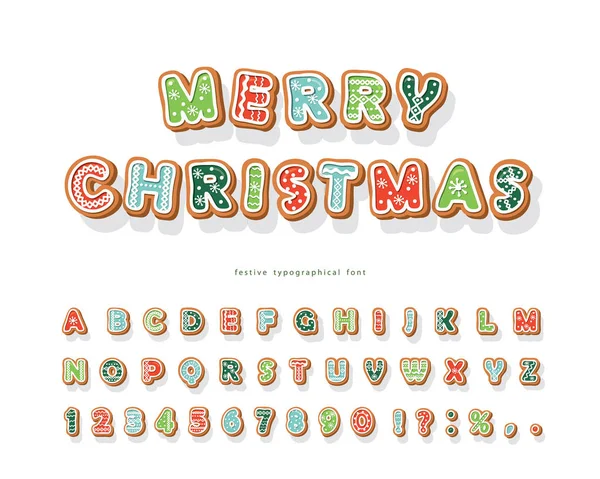 Christmas Gingerbread Cookie de fuente. Alfabeto colorido dibujado a mano para vacaciones. Letras y números de galletas. Vector — Vector de stock