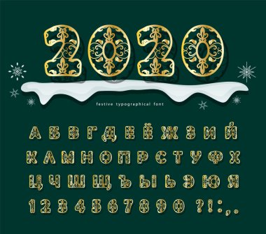 2020 Yeni Yıl Tasarımı. Altın filigran Kiril yazı tipi. Lacy Abc harfleri ve numaraları. İşaretleri süslemek. Vektör