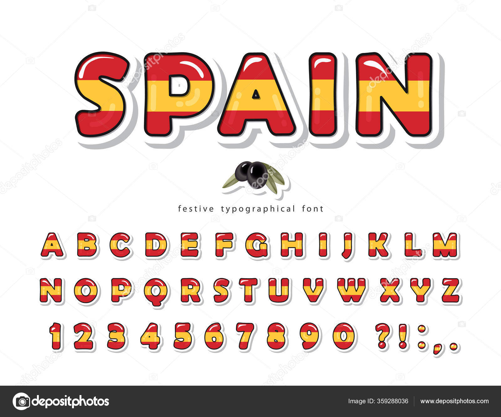 Spain cartoon font. Spanish national flag colors. Paper cutout glossy ABC  letters and numbers. Bright alphabet for tourism t-shirt, cap design.  Vector Stock Vector Image by ©cutelittlethings #359288036
