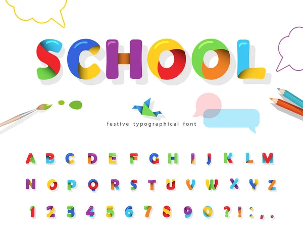 Школа 3D шрифт головоломки. Карикатурная бумага вырезает буквы и цифры ABC. Красочный алфавит для детей. Для веб, образования, комического дизайна. Вектор — стоковый вектор