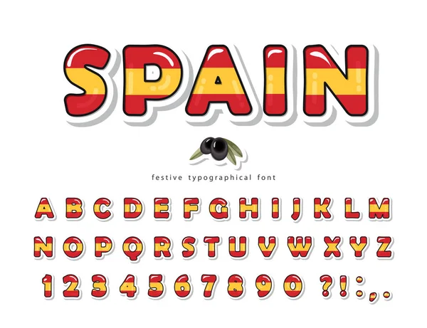 Spain cartoon font. Spanish national flag colors. Paper cutout glossy ABC letters and numbers. Bright alphabet for tourism t-shirt, cap design. Vector Stock Illustration