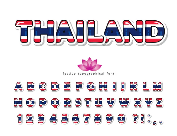 Thailand Cartoonschrift. Farben der thailändischen Nationalflagge. Papierausschnitt glänzende ABC-Buchstaben und -Zahlen. Helles Alphabet für Tourismus-T-Shirt, Souvenir-Design. Vektor — Stockvektor