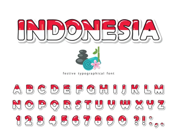 Fonte Indonesia cartoon. Drapeau national indonésien couleurs. Papier découpé lettres et chiffres ABC brillants. Alphabet lumineux pour t-shirt de tourisme, design souvenir. Vecteur — Image vectorielle