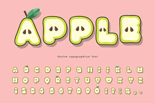 Roztomilé letní jablečné písmo. Karikatura vystřižená z abecedy pro děti. Vtipná písmena a čísla na růžové. Vektor — Stockový vektor