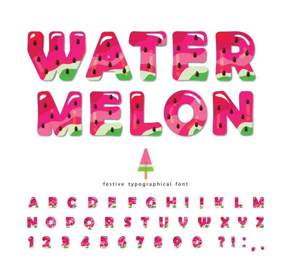 Watermeloen zomer helder lettertype. Cartoon decoratieve alfabet. Glanzende letters en cijfers geïsoleerd op wit. Voor pakket, poster, banner, T-shirt, brochure ontwerp. Vector — Stockvector