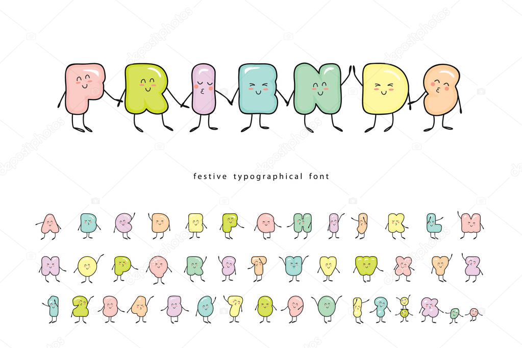 Cartoon emoticons font. Funny friendly characters. Cute alphabet. Colorful letters and numbers isolated on white. For birthday, baby shower, T-shirt design. Vector illustration