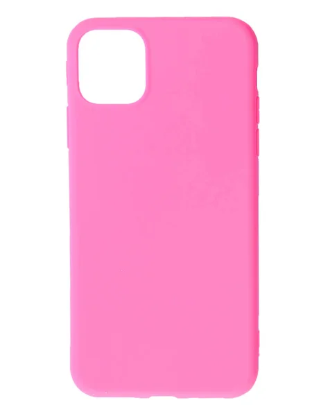 Rosa smart telefon isolerad på vit bakgrund i en transparent fall back view. Klar plastfodral för iPhone 11 pro max — Stockfoto
