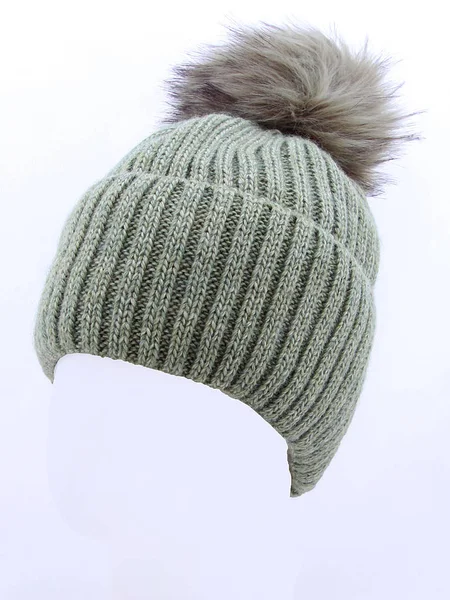 Light green woolen winter hat hat with POM POM pompom isolated on white — Stock Photo, Image