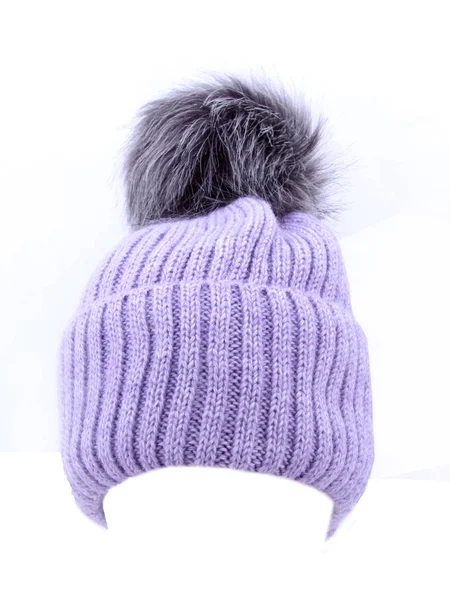 Luxury knitted wool hat with fur pompom, lilac and turquoise, autumn, winter, isolated on white background, trim — Stock Photo, Image