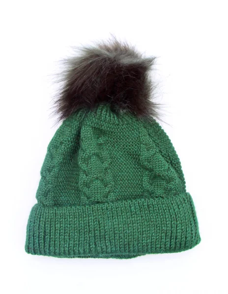 Chapéu de inverno de lã verde com um pompom pompom pom isolado no branco Imagens De Bancos De Imagens