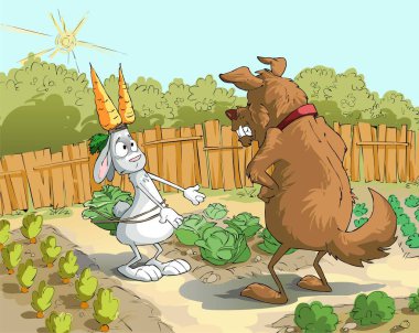 Karikatür. Bekçi köpeği havucu çalan tavşanı yakaladı.