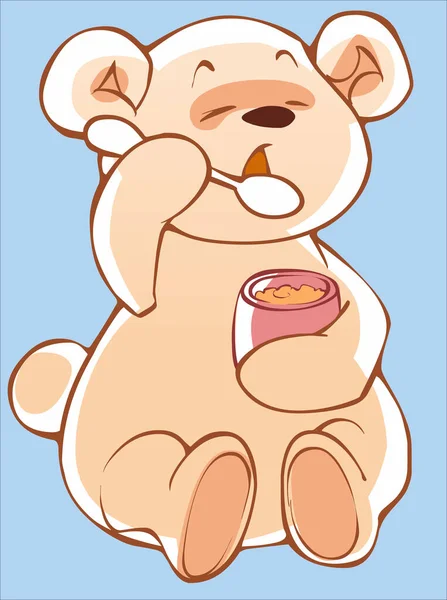 Leuke Kleur Cartoon Teddybeer Eten Honing Met Een Lepel — Stockvector
